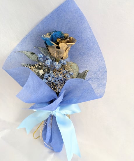 プリザーブドフラワー魔法ローズ／ブルーゴールドのクレオパトラローズ黄金魔法１輪花束ケース付き