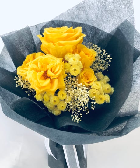 プリザーブドフラワー/黄色の薔薇とイモーテルの花束（花束ラッピング）