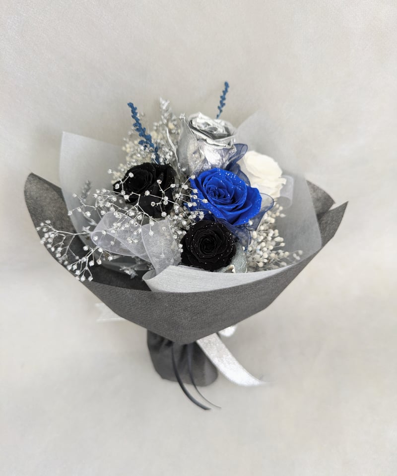 プリザーブドフラワー花束ボックス／4色のミニ薔薇5輪と小花の花束☆黒