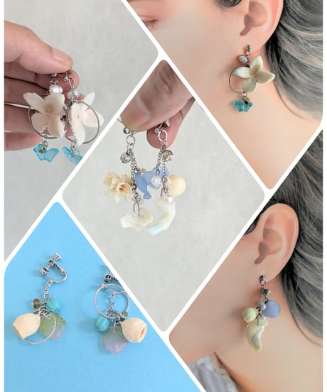 自然素材アクセサリー／木の実とブルーチェコビーズのピアス抜け感可愛い／イヤリングに変更可金属アレルギー対応（天然素材アクセサリー両耳用）