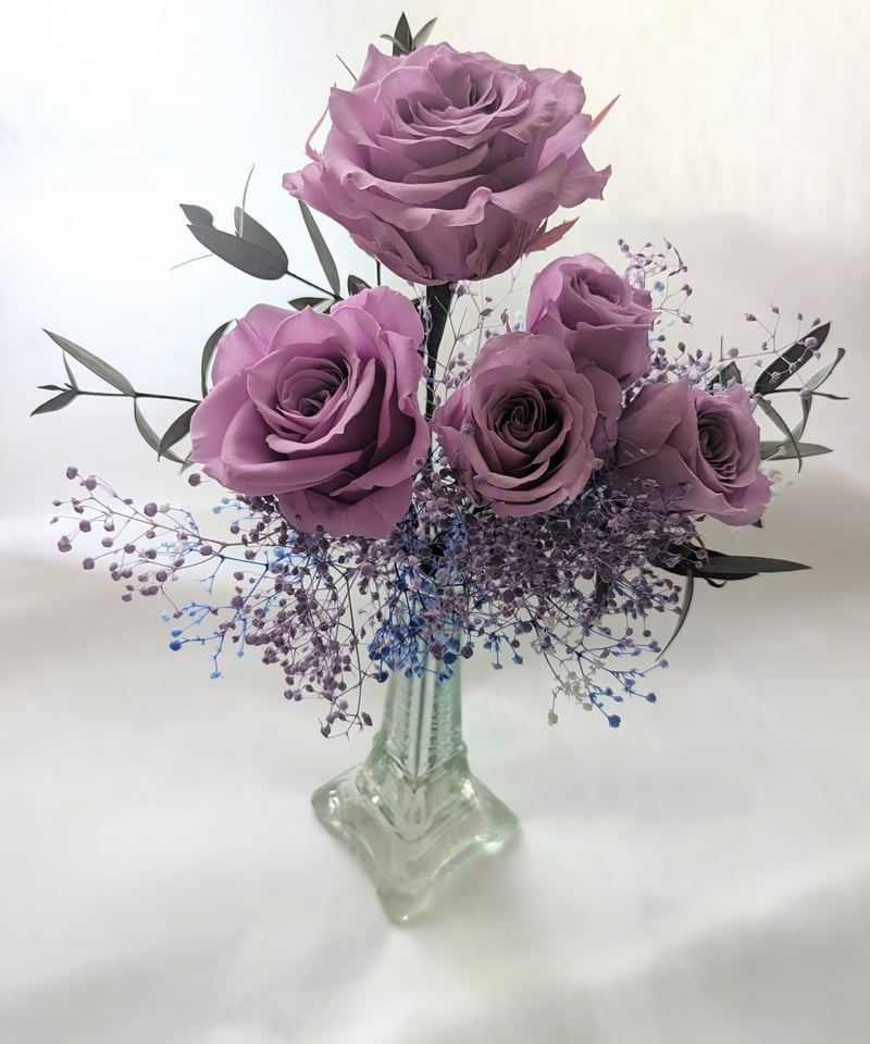 プリザーブドフラワーパープルローズ5輪と小花のふんわり花束（花束