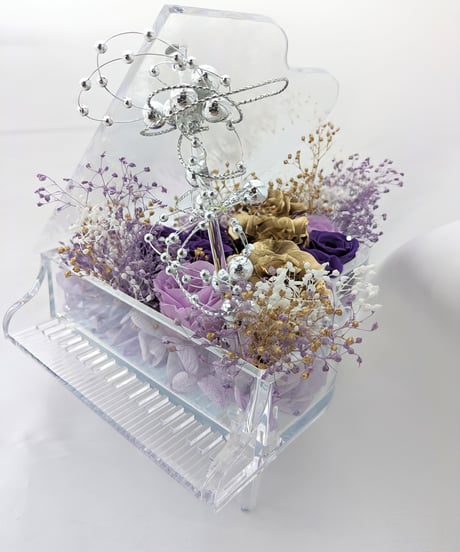 【プリザーブドフラワーピアノアレンジ紫の薔薇と金色の薔薇の音色】フラワーケースリボンラッピング付き