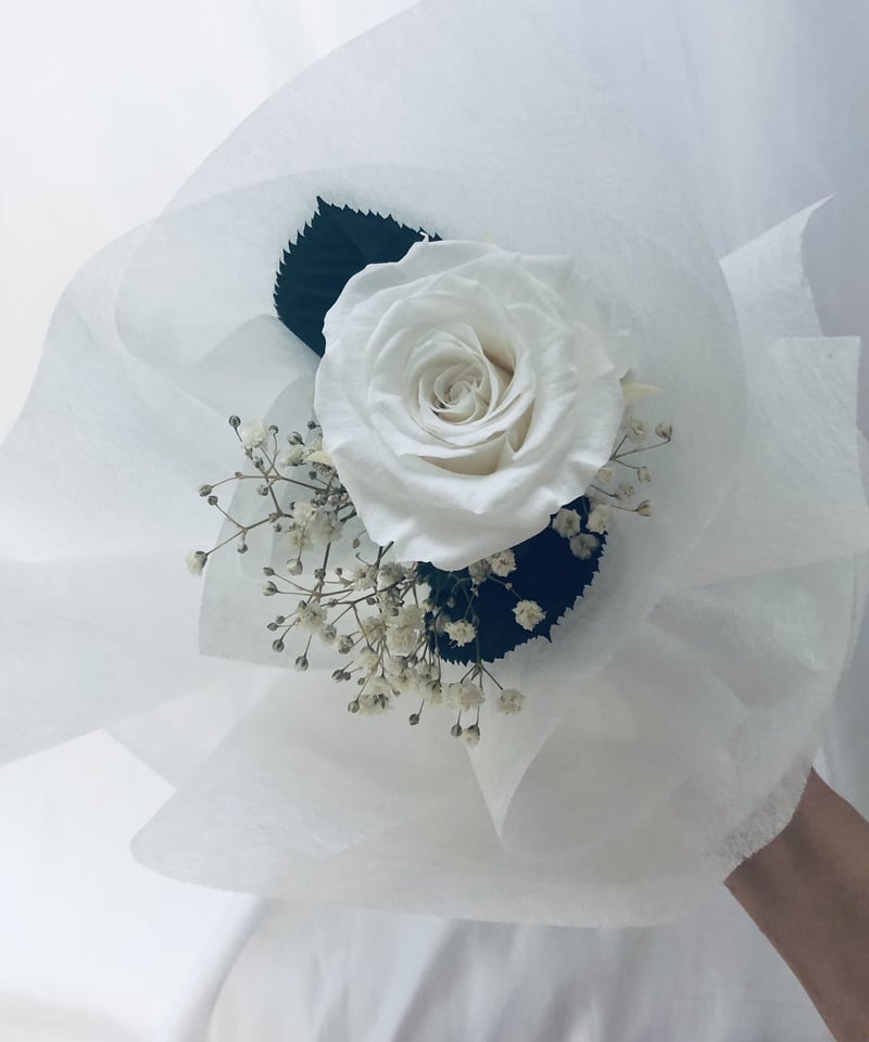 プリザーブドフラワー／白薔薇とかすみ草のふんわり一輪ラッピング