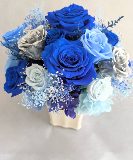 プリザーブドフラワー／星空に染まった青い薔薇とシルバーローズの神秘と奇跡／ 陶器花器アレンジ／フラワーケース付き
