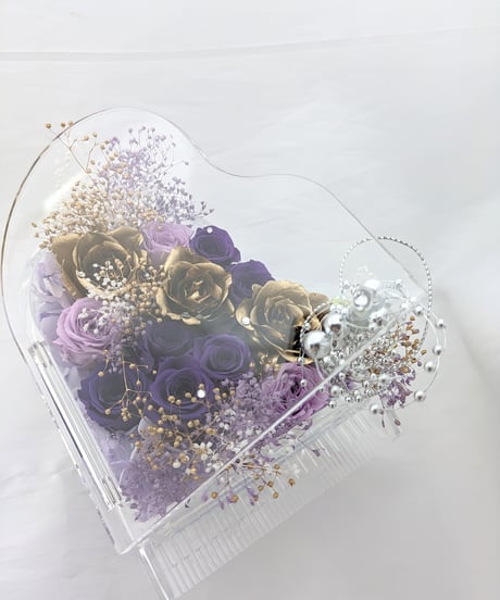 【プリザーブドフラワーピアノアレンジ紫の薔薇と金色の薔薇の音色】フラワーケースリボンラッピング付き