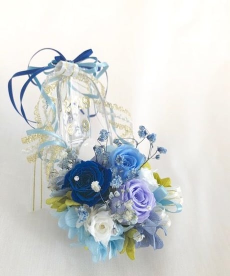 【プリザーブドフラワー／ガラスの靴ミニシリーズ】ブルーのミニ薔薇リボンのガラスの靴