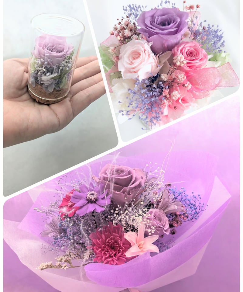 パープルローズフローラルセット／プリザーブドフラワーギフト3種類