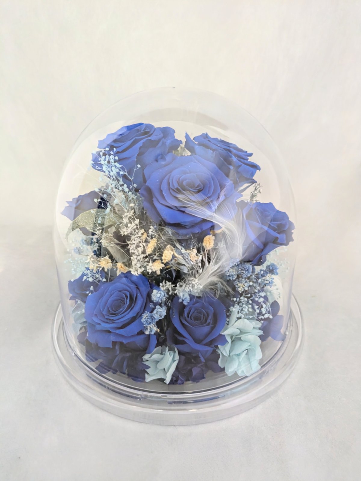 プリザーブドフラワー／青い薔薇11輪のラウンドドームギフト小花と白い