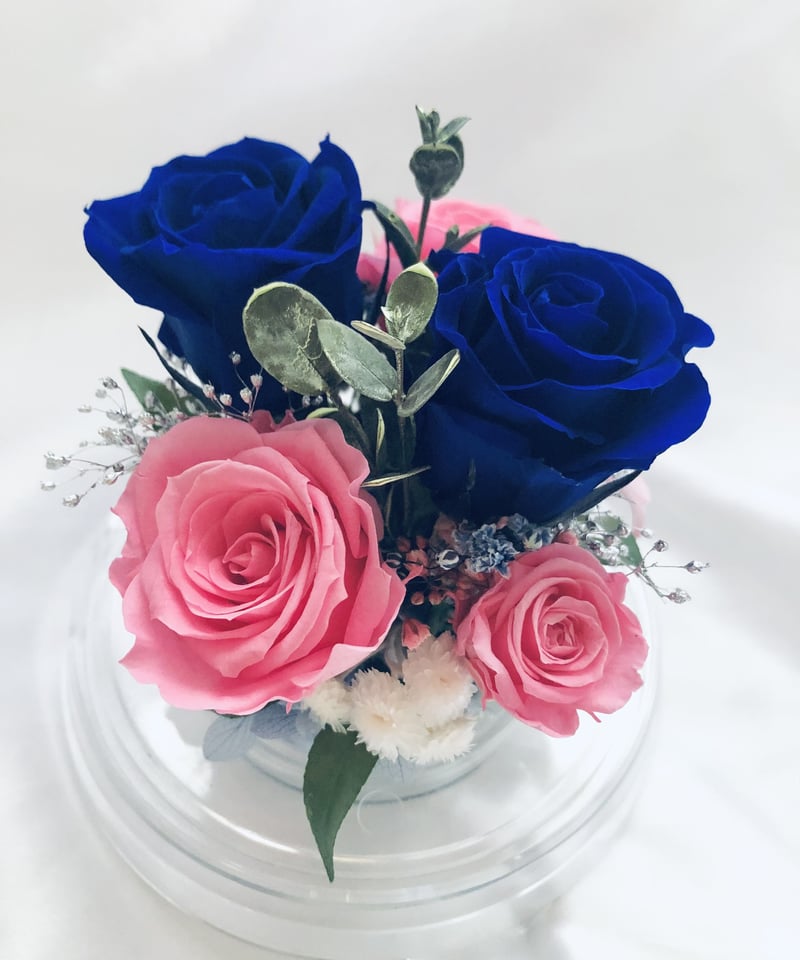 プリザーブドフラワー／ドームの中に咲く青とピンクの薔薇と小花の