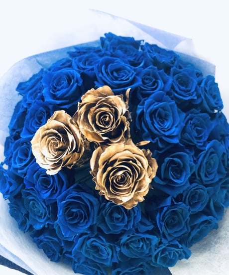 青薔薇とゴールドローズの50輪花束/プリザーブドフラワー奇跡の祝福/花束ラッピング