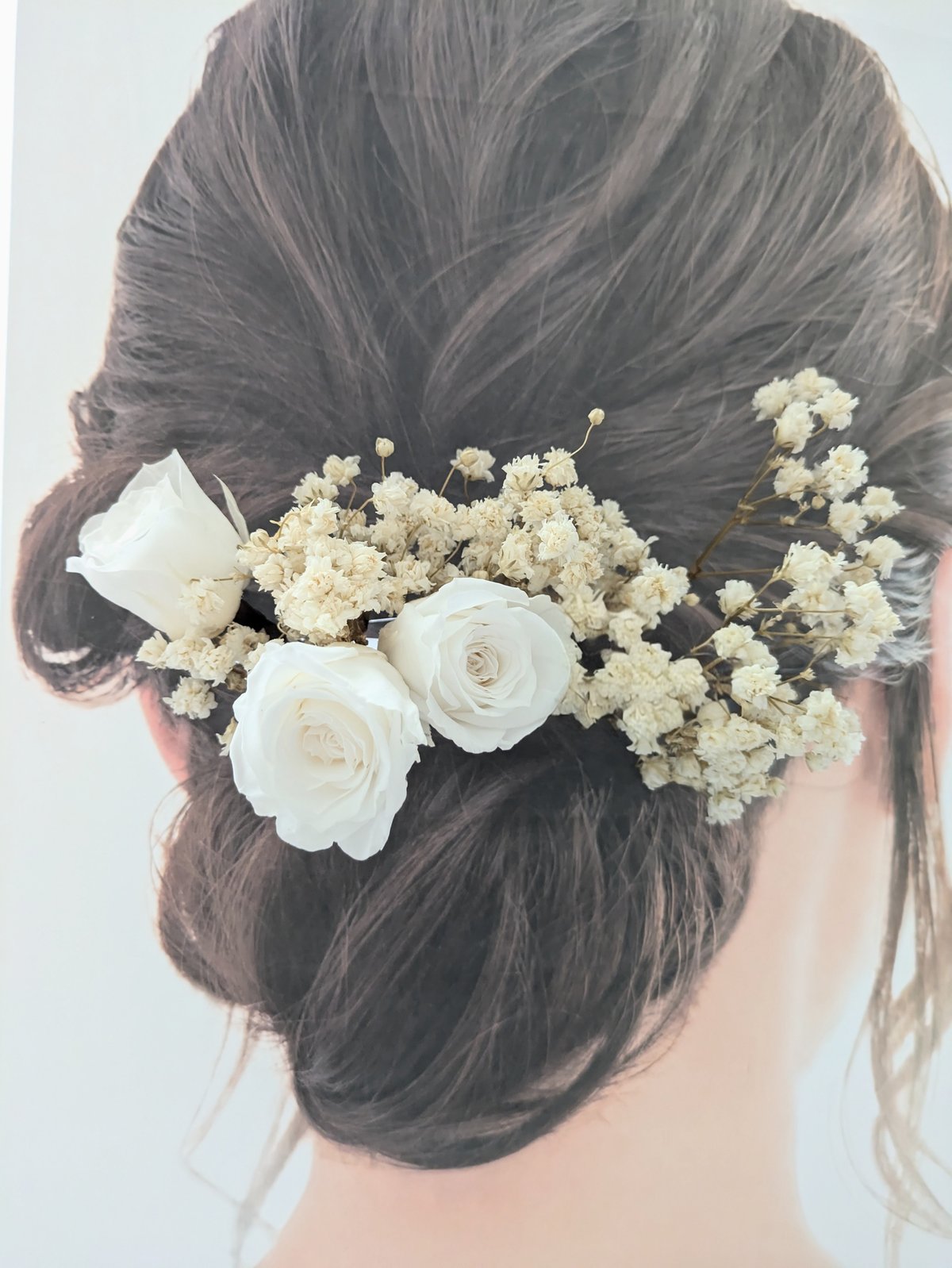 プリザーブドフラワー／ウエディング髪飾り前撮り／白いミニ薔薇と
