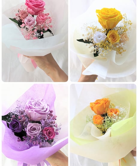 プリザーブドフラワー／大輪の黄色の薔薇とミニ薔薇とかすみ草のふんわり花束