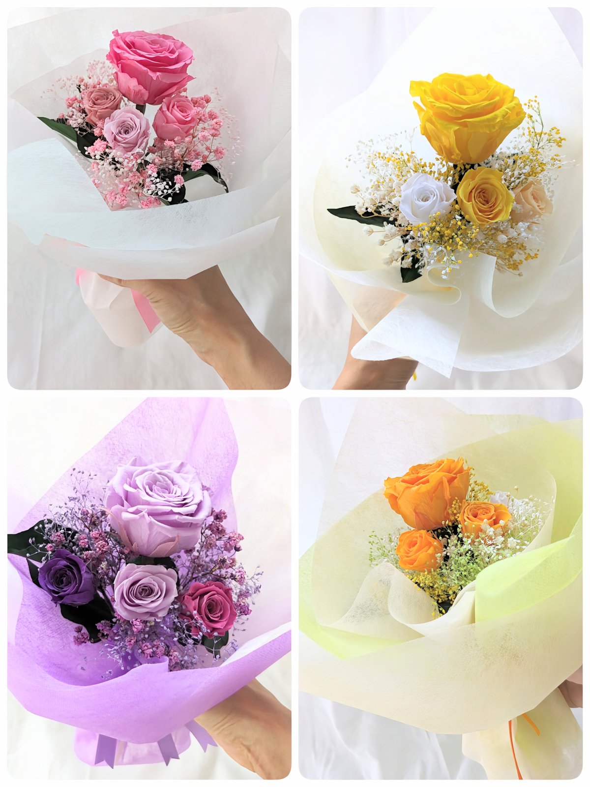 プリザーブドフラワー／大輪のピンクの薔薇とミニ薔薇とかすみ草