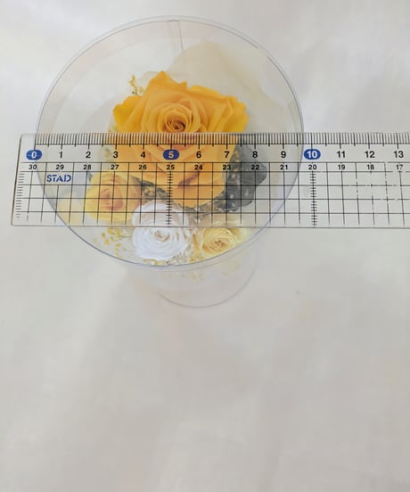 プリザーブドフラワー／ゴールドイエローとミニ薔薇とかすみ草花束／そのまま飾れるクリアケース入り花束
