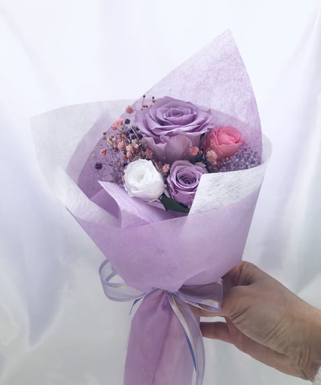 パープルローズとミニ薔薇とかすみ草の花束（プリザーブドフラワー）