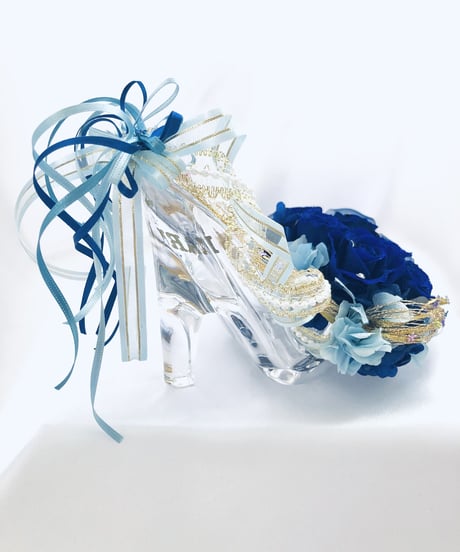 【プリザーブドフラワー／青い薔薇の夜空に染まった星空のガラスの靴】【リボンラッピング付き】リングピロー使用もOK