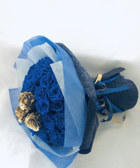 青薔薇とゴールドローズの50輪花束/プリザーブドフラワー奇跡の祝福/花束ラッピング