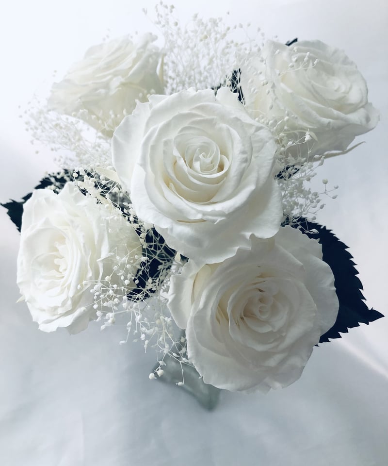プリザーブドフラワー大輪の白薔薇とかすみ草の花束】 | 世都華
