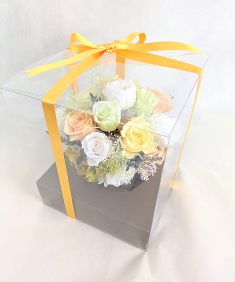 プリザーブドフラワー／ふんわりと明るく優しい薔薇たちの白い陶器アレンジ（フラワーケースリボンラッピング）