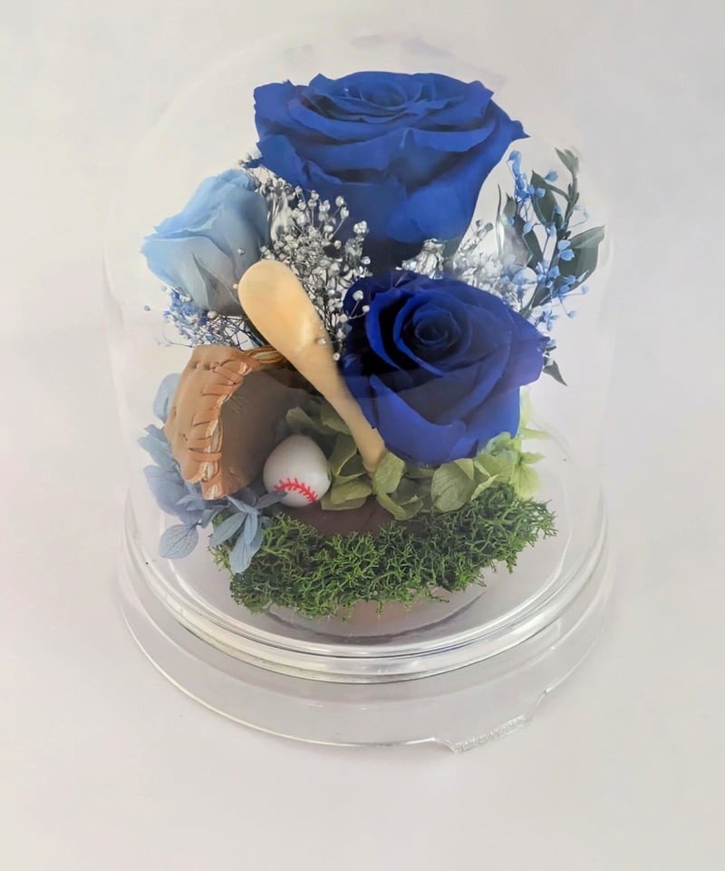 プリザーブドフラワー ガラスドーム ローズメリア 3輪 ブルー 青