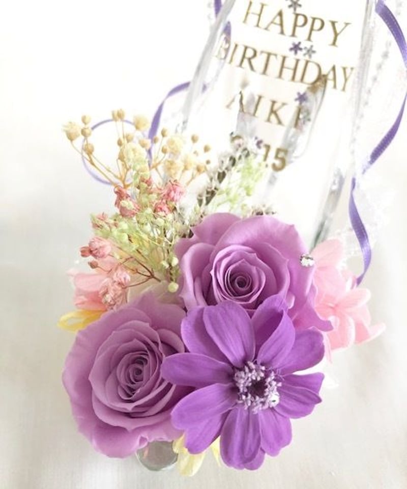 プリザーブドフラワー／ガラスの靴シリーズ】パープルの薔薇とジニアの