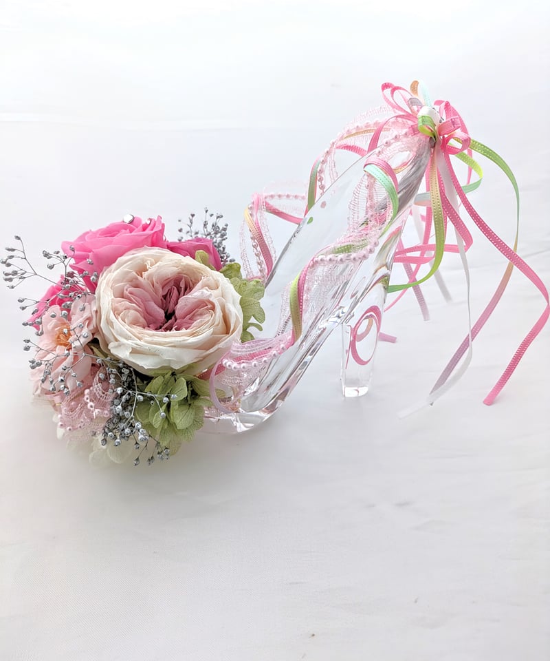 プリザーブドフラワー/ガラスの靴デザイン/ピンクの薔薇とリボンの