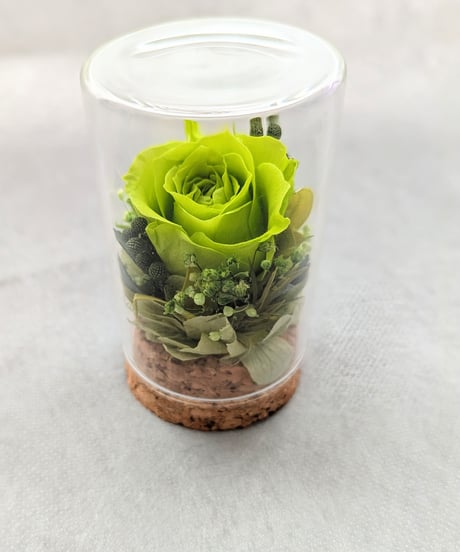 プリザーブドフラワー／　緑のミニ薔薇と小花のミニガラスボトルギフト