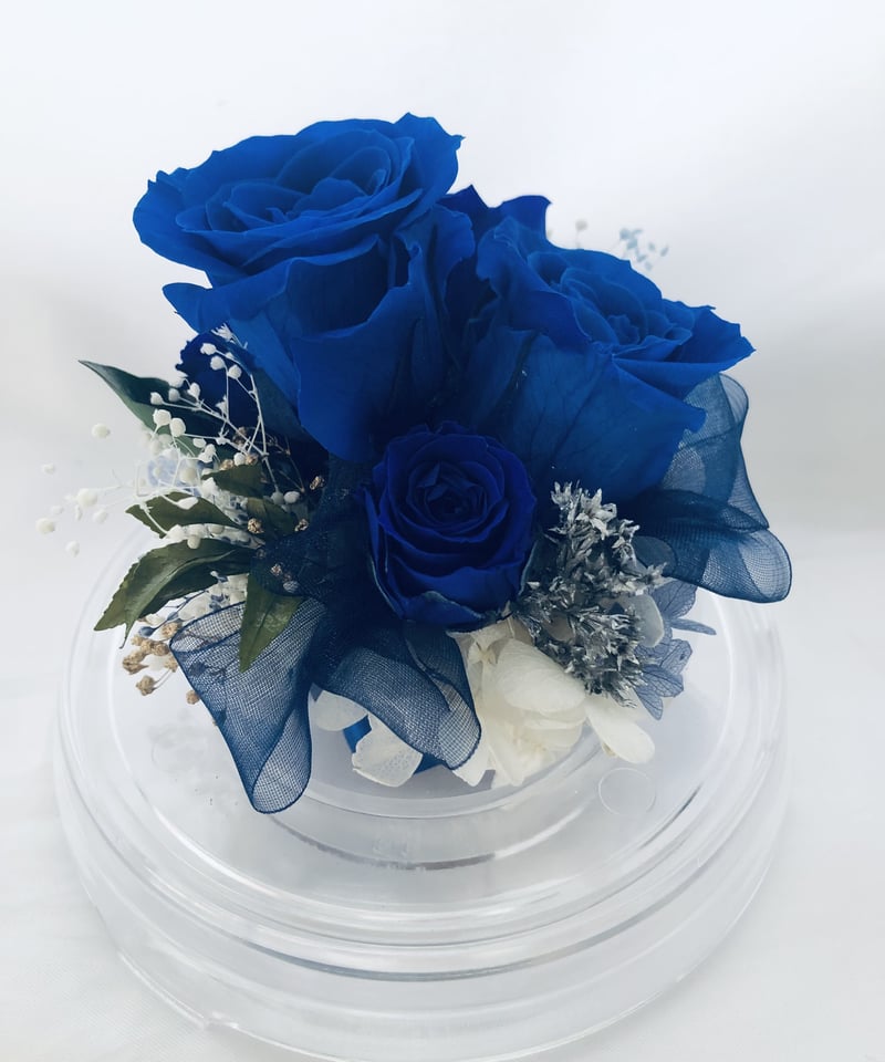 プリザーブドフラワー　ガラスドーム　 ローズメリア 3輪　ブルー　青 プリザーブドフラワー/ドームの中で咲く青い薔薇/ラッピング付き | 世都華