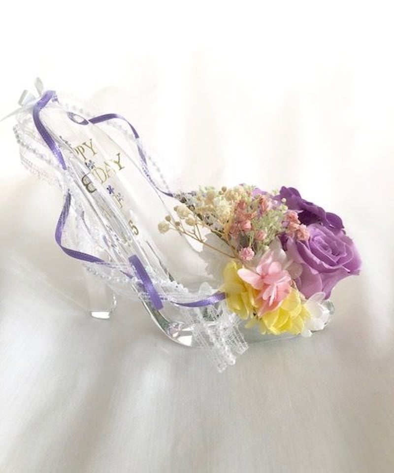 プリザーブドフラワー／ガラスの靴シリーズ】パープルの薔薇とジニアの
