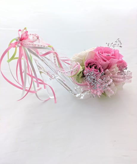 プリザーブドフラワー/ガラスの靴デザイン/ピンクの薔薇とリボンのフラワーシューズ/フラワーケースリボンラッピング付き