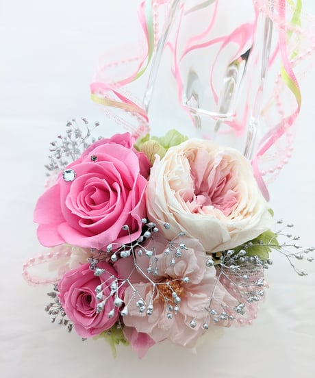 プリザーブドフラワー/ガラスの靴デザイン/ピンクの薔薇とリボンのフラワーシューズ/フラワーケースリボンラッピング付き