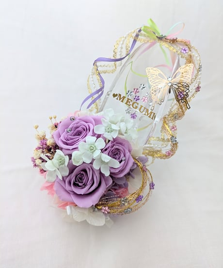 【プリザーブドフラワー／ガラスの靴／パープルドレスのプリンセスの魔法の靴／フラワーケースリボンラッピング付き】