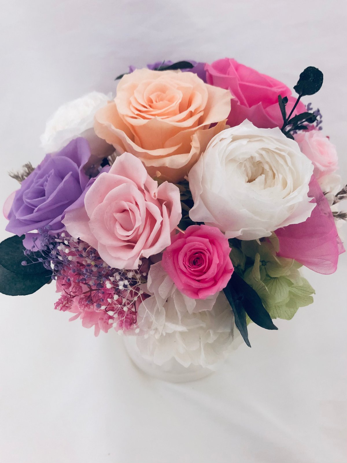 ローズアレンジ/プリザーブドフラワー（フラワーケースリボン