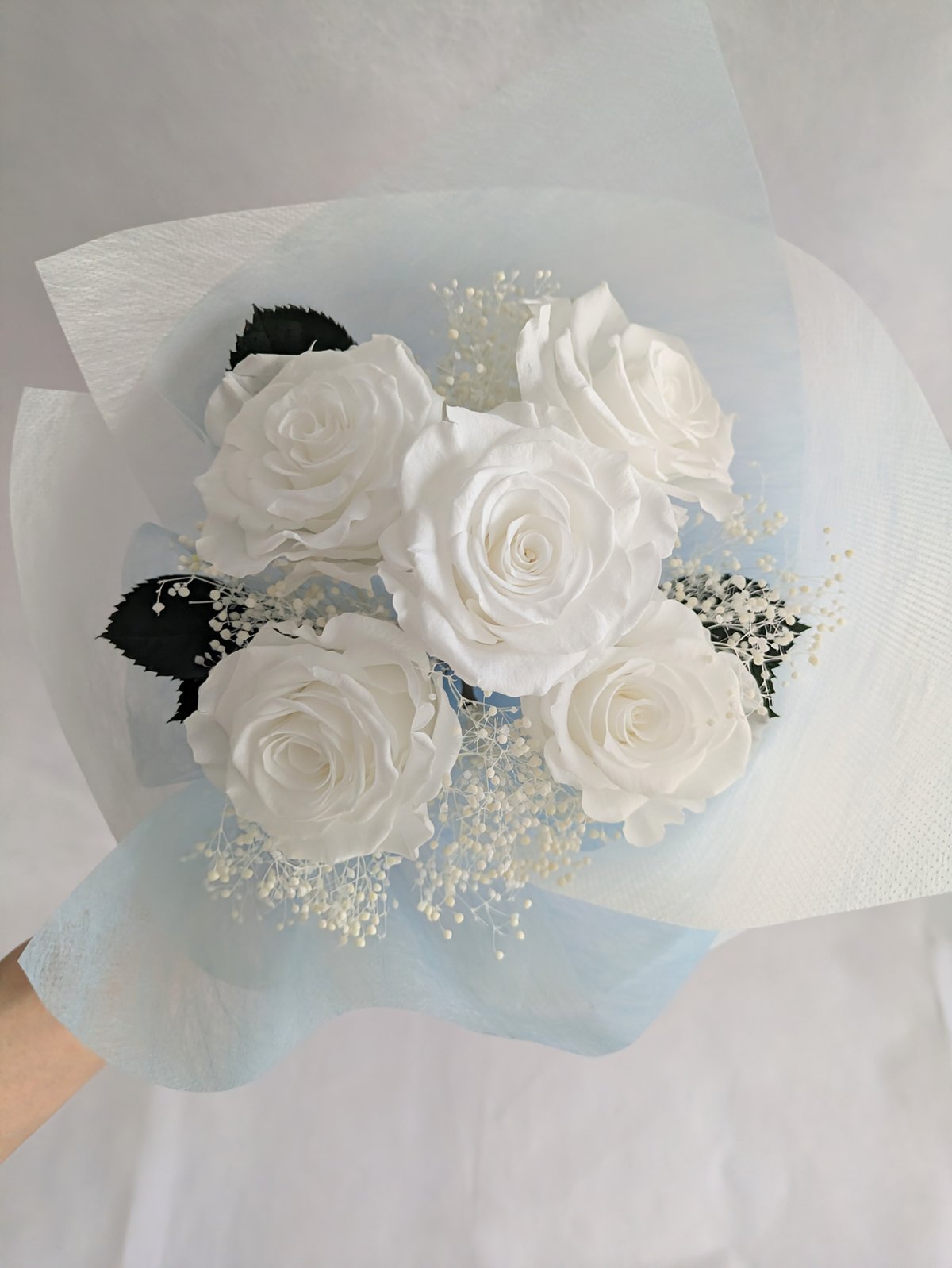 プリザーブドフラワーの花束 ♬ 大輪バラ 白 ☆ プリザーブドフラワー大輪の白薔薇5輪とかすみ草の花束】純白の薔薇