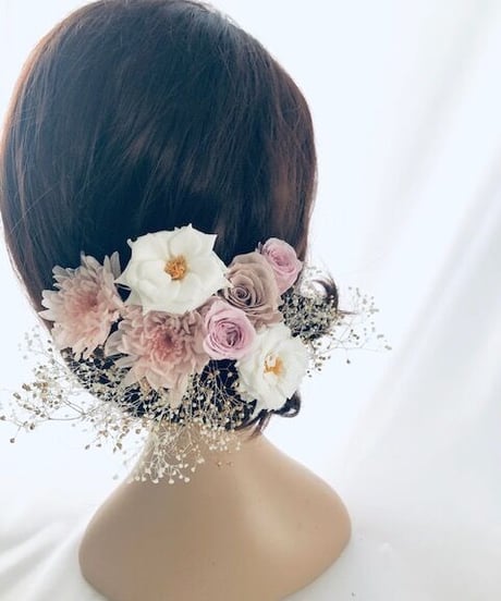 プリザーブドフラワー／ヘッドドレス•くすみピンクとカスミ草（成人式　前撮り和装ウェディング）