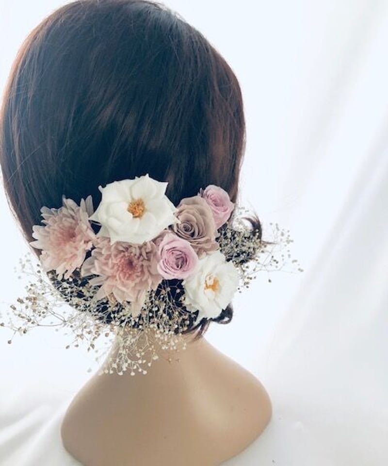 プリザーブドフラワー／ヘッドドレス•くすみピンクとカスミ草