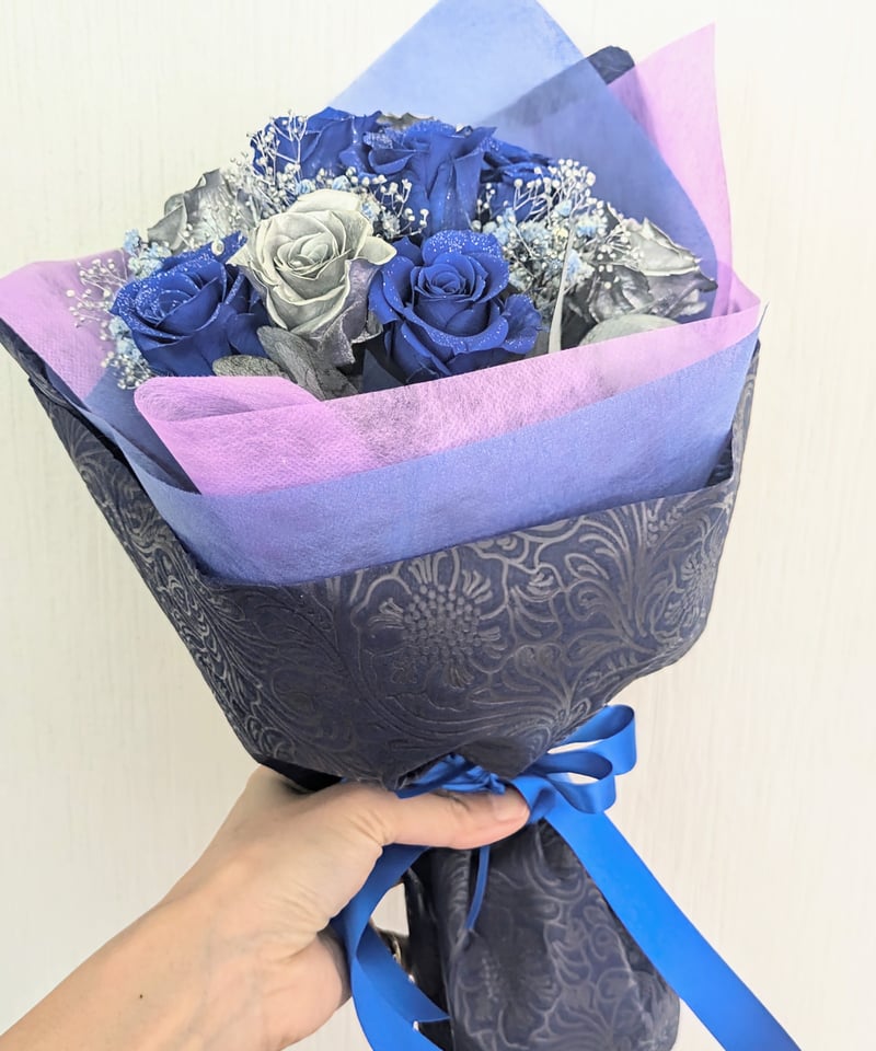 プリザーブドフラワー／青とシルバーローズ11輪のキラキラ輝く