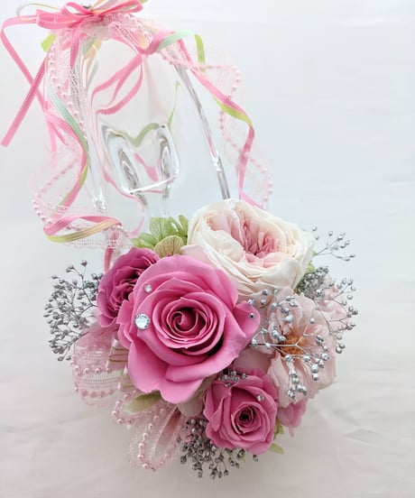 プリザーブドフラワー/ガラスの靴デザイン/ピンクの薔薇とリボンのフラワーシューズ/フラワーケースリボンラッピング付き