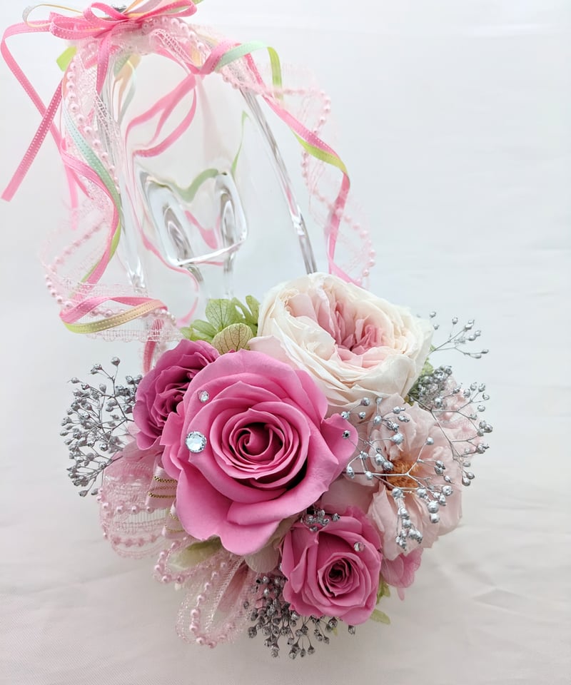 プリザーブドフラワー/ガラスの靴デザイン/ピンクの薔薇とリボンの