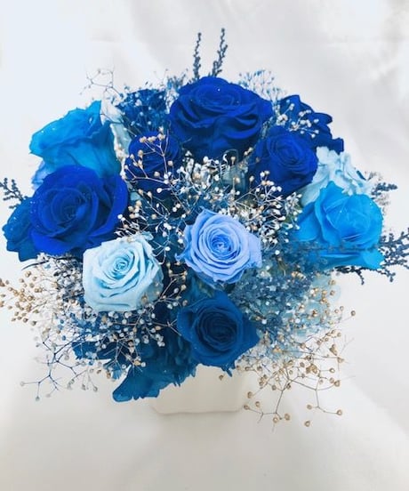 プリザーブドフラワー／星空に染まった青い薔薇の神秘と奇跡／ 陶器花器アレンジ／フラワーケース付き
