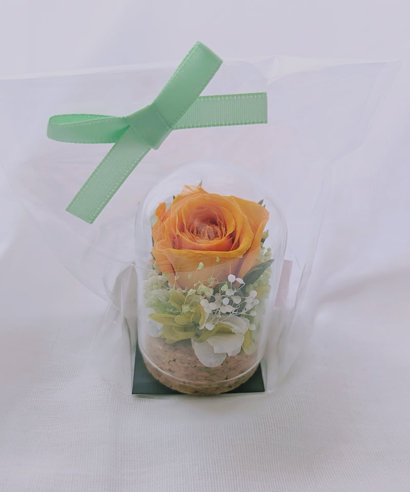 オレンジのプリザーブドローズ ガラスドーム入り プリザーブドフラワー／ミニガラスドーム オレンジローズのミニ