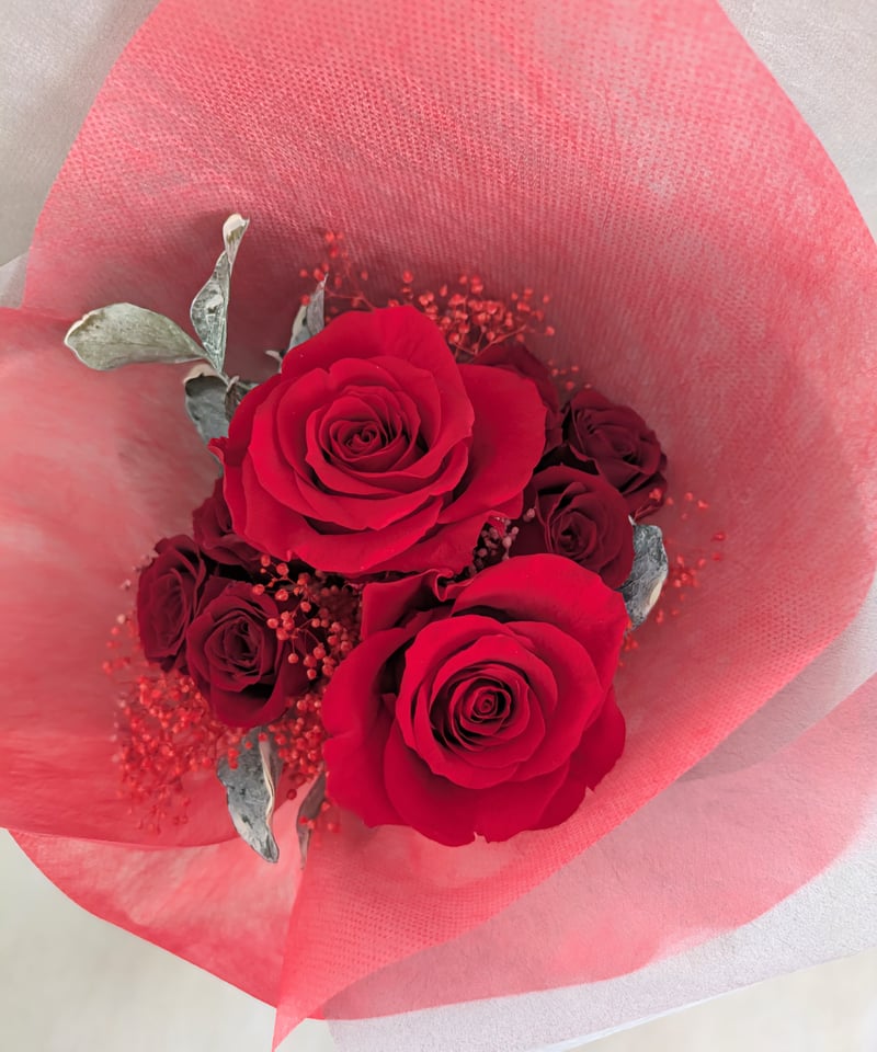 プリザーブドフラワー赤薔薇とミニ薔薇とかすみ草のふんわり花束8本