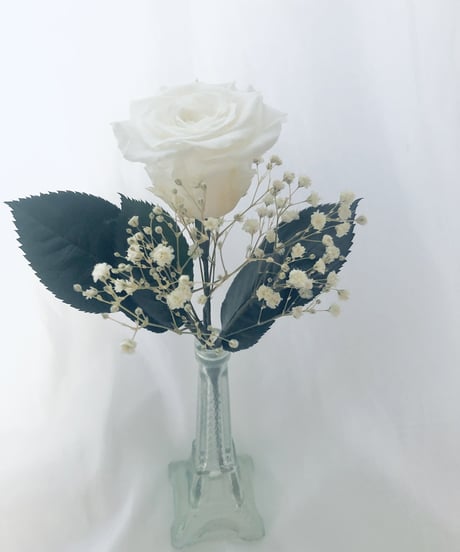 【プリザーブドフラワー／白薔薇とかすみ草のふんわり一輪ラッピング】