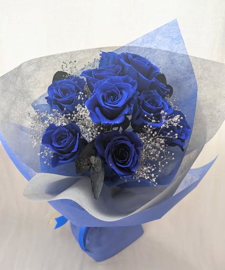 プリザーブドフラワー青い薔薇11本とかすみ草の花束／奇跡．神の祝福．夢かなう