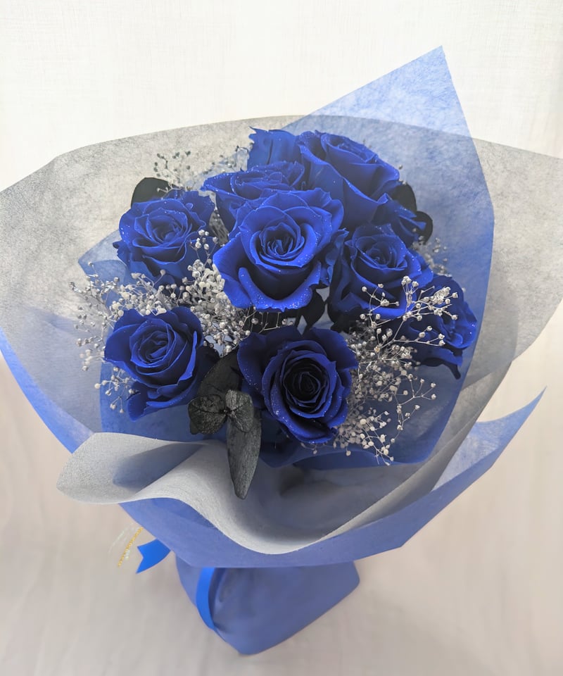 プリザーブドフラワー青い薔薇11本とかすみ草の花束／奇跡．神の祝福