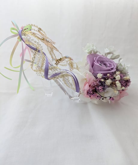 【プリザーブドフラワー／ガラスの靴／パープルドレスのプリンセスの魔法の靴／フラワーケースリボンラッピング付き】