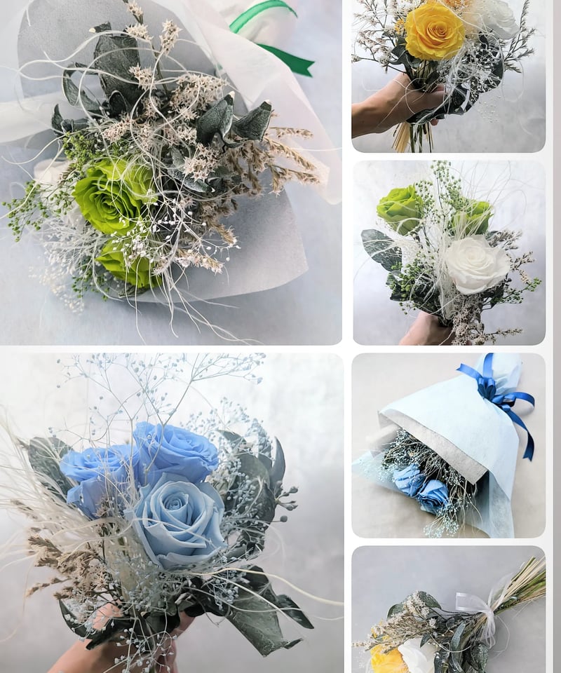 プリザーブドフラワー／大輪イエローホワイトローズと小花の花束柔らか