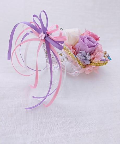 【プリザーブドフラワー／ガラスの靴ミニシリーズ】パープルドレスのプリンセスの金色の髪の魔法