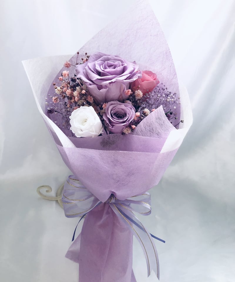 パープルローズとミニ薔薇とかすみ草の花束（プリザーブドフラワー