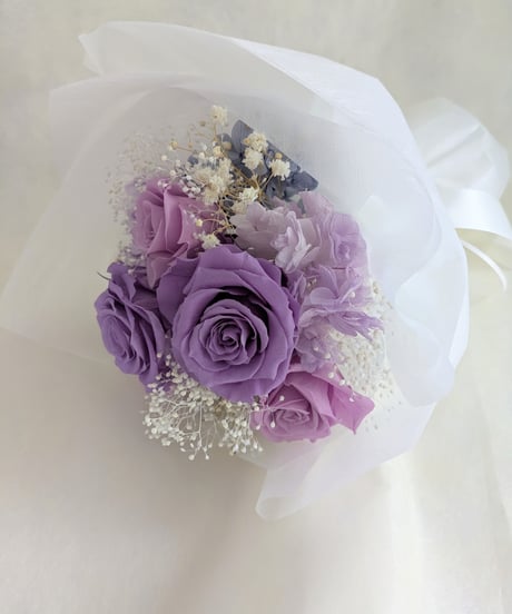 プリザーブドフラワー/ライラックローズと紫陽花の花束/花束ラッピングでお届け